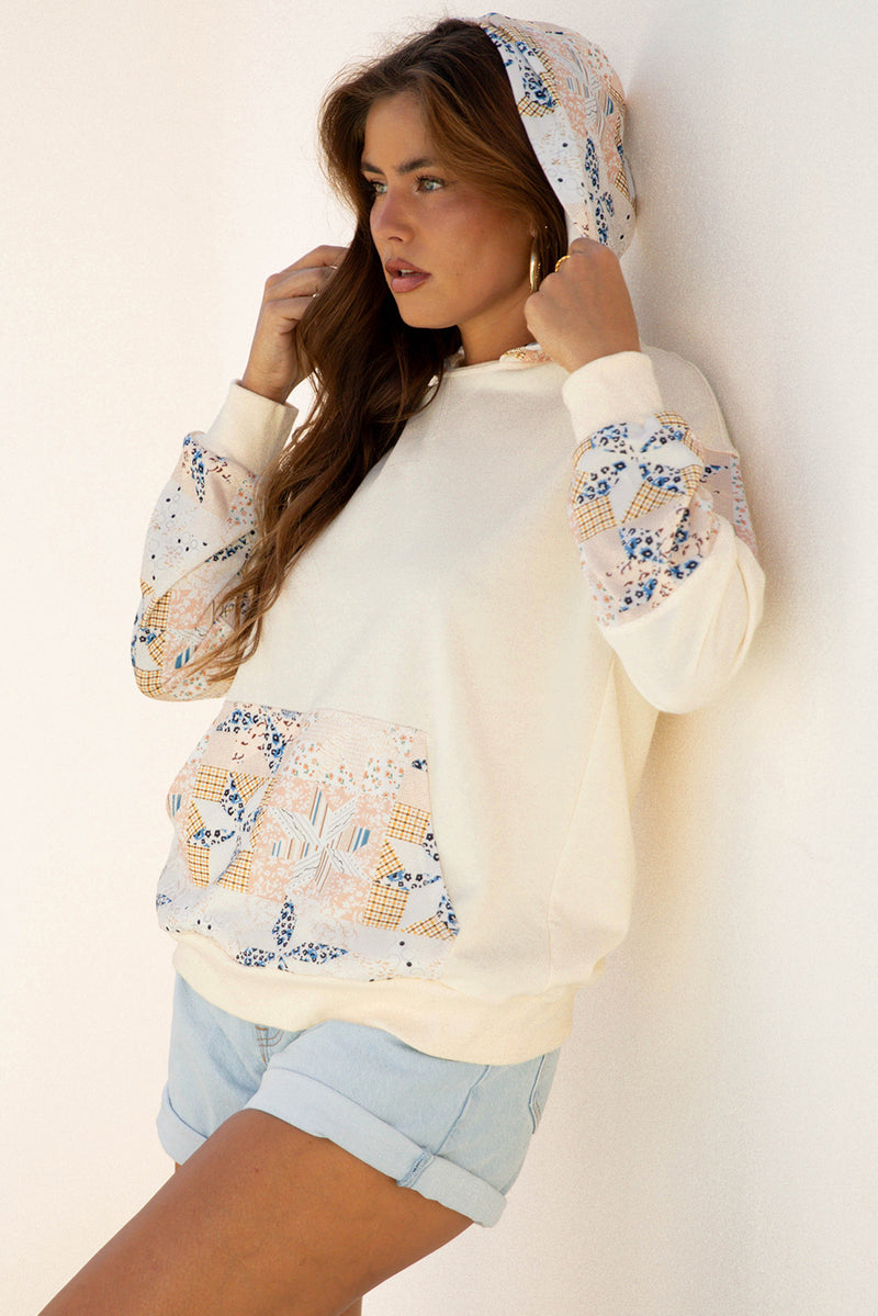 Western Geo Pattern Patchwork Hoodie with Kangaroo Pocket