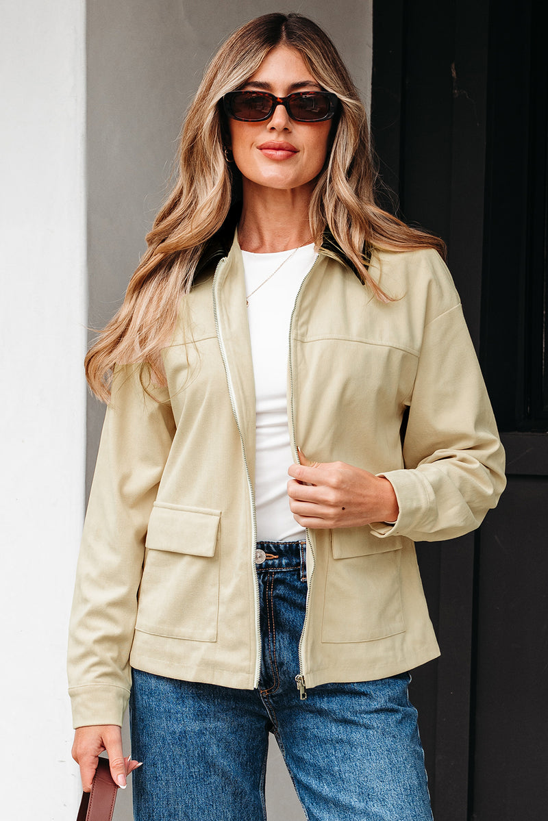 Parchment Contrast Leather Collar Textured Zip Up Jacket