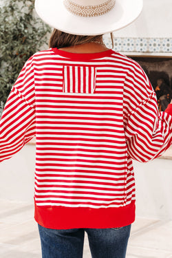 Stripe Exposed Seam Drop Shoulder Casual Pullover Top