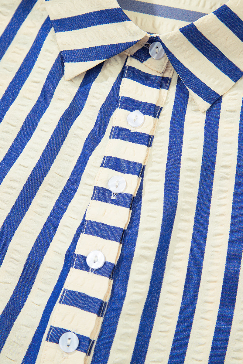 Stripe Collared Half Button Side Pockets Loose Fit Mini Dress