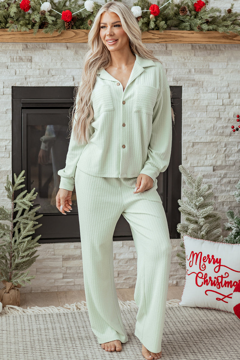 Light Green Textured Patched Chest Pocket Shirt and Pants Set
