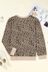 Khaki Leopard Textured Ribbed Trim Plus Size Long Sleeve Top