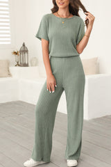 Solid Ribbed Keyhole Short Sleeve Wide Leg Jumpsuit