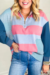 Sky Blue Stripe Colorblock Patchwork Zip up Plus Size Pullover