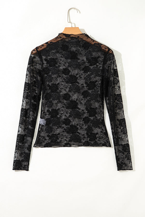 Sheer Floral Lace Mesh Mock Neck Long Sleeve Top