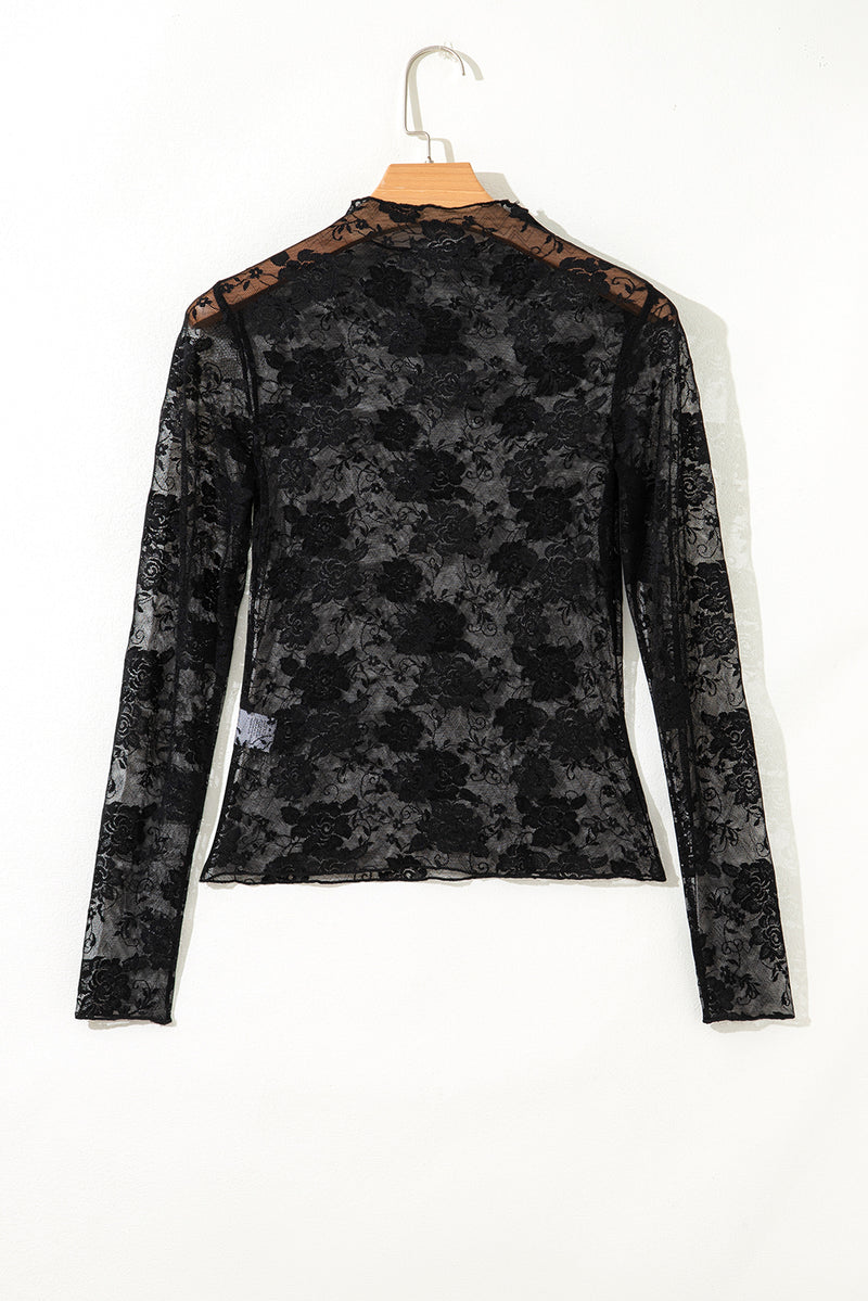 Sheer Floral Lace Mesh Mock Neck Long Sleeve Top