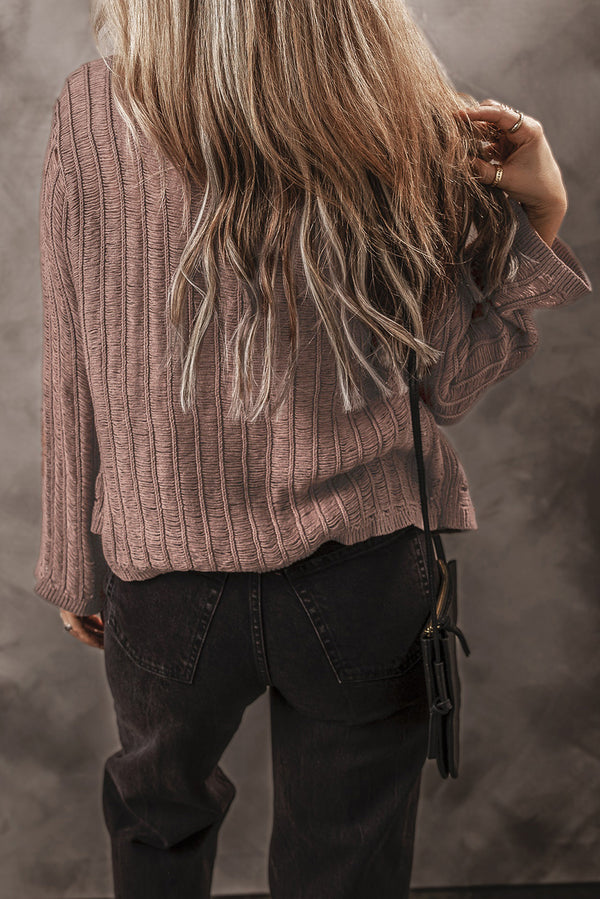 Brown Cut Out Textured Knit Buttoned Cardigan