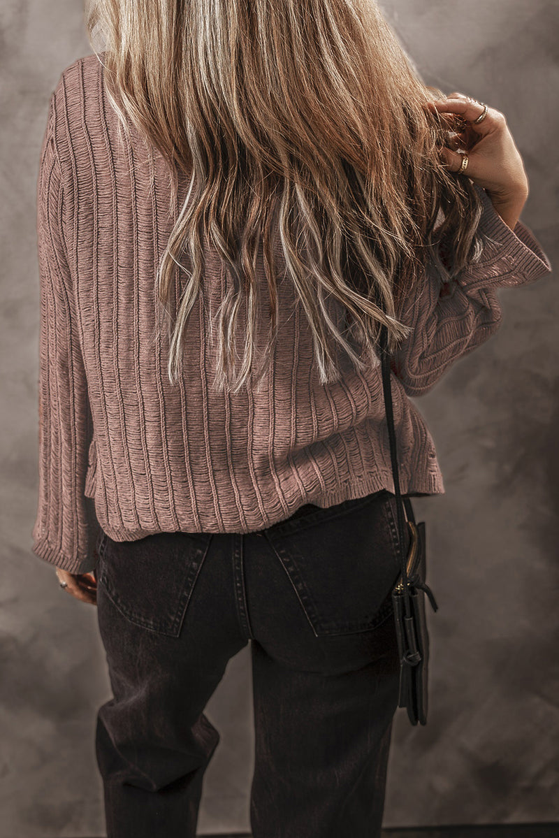 Brown Cut Out Textured Knit Buttoned Cardigan
