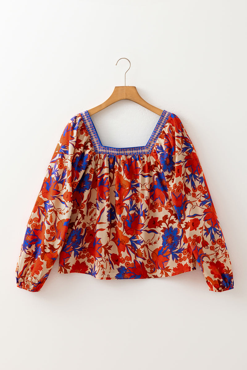 Multicolour Floral Print Square Neck Backless Loose Fit Blouse