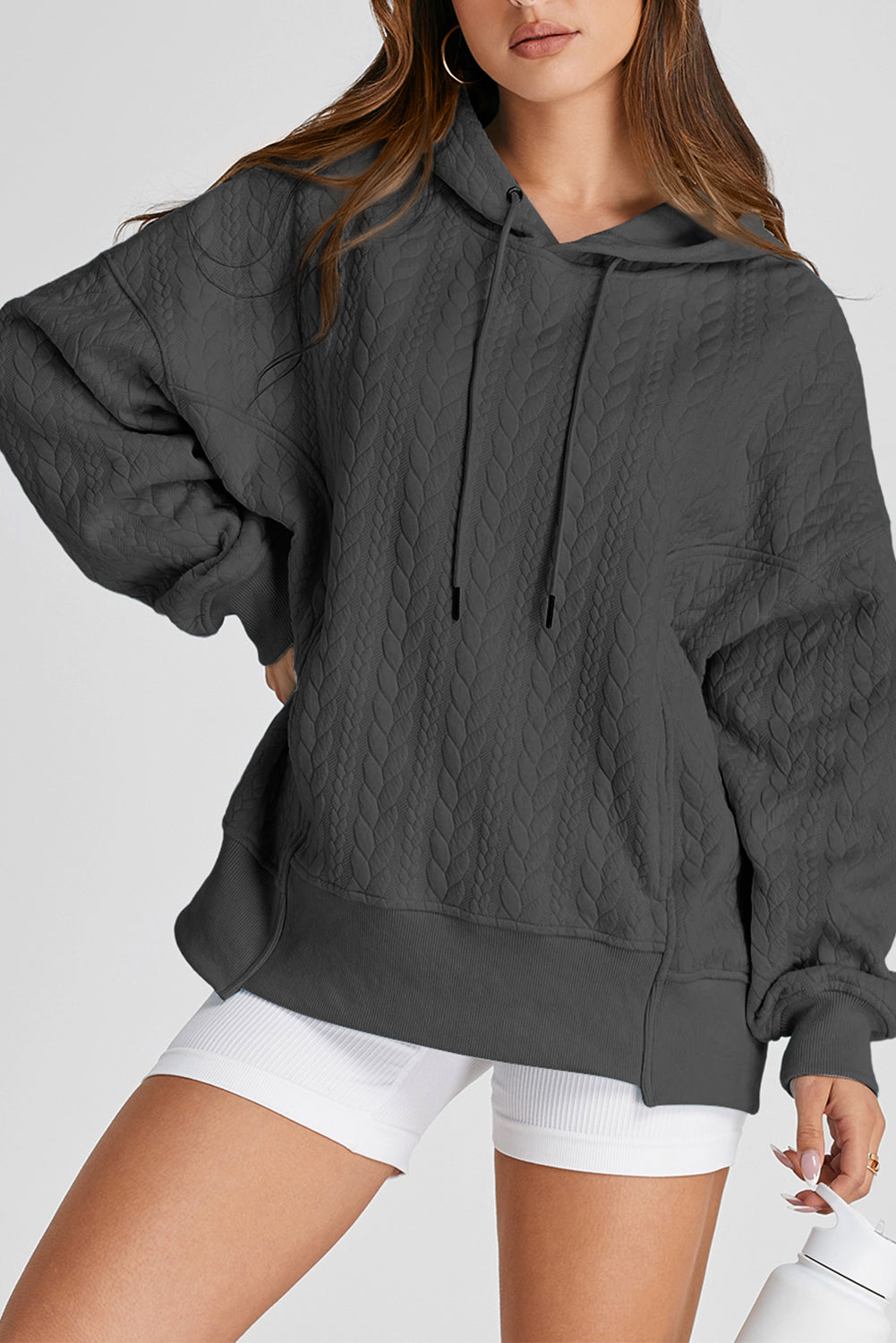 Cable Textured Baggy Solid Hoodie