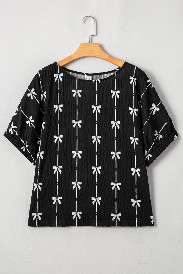 Adorable  Bow Print Puff Short Sleeve Top