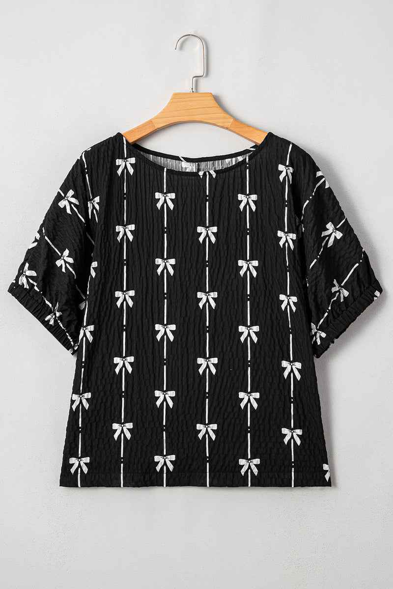 Adorable  Bow Print Puff Short Sleeve Top