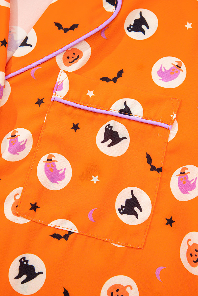 Halloween Print Lapel Shirt Long 2pcs Pajama Set