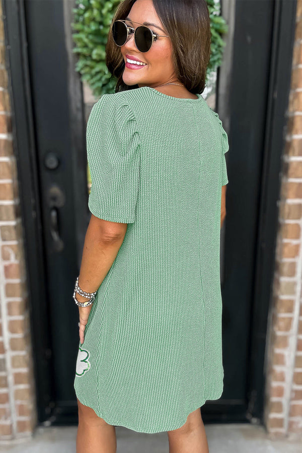Sequin Clover Graphic Puff Sleeve Corded T Shirt Dress
