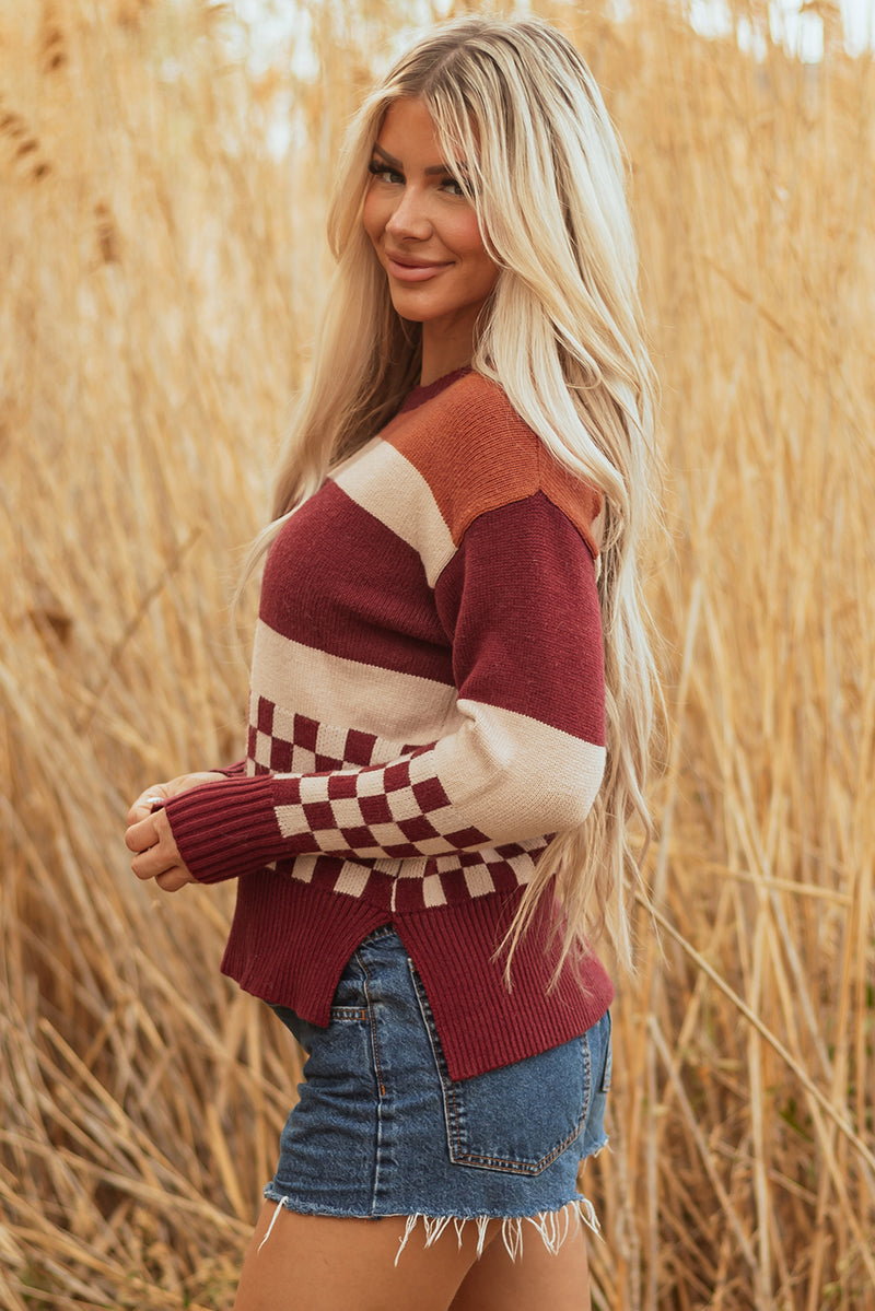 Checkered Color Block Knitted Drop Shoulder Sweater