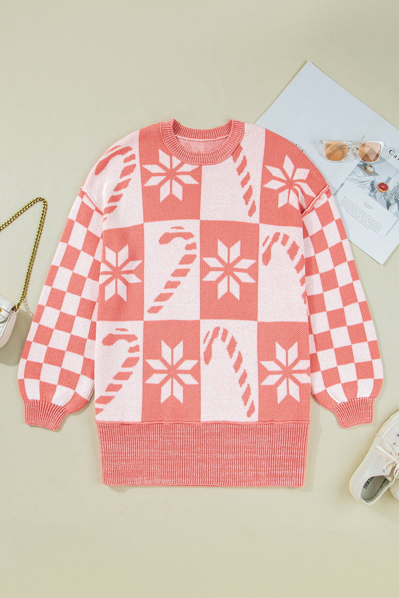 Candycane Snowflake Checker Christmas Holiday Drop Shoulder Tunic Loose Sweater