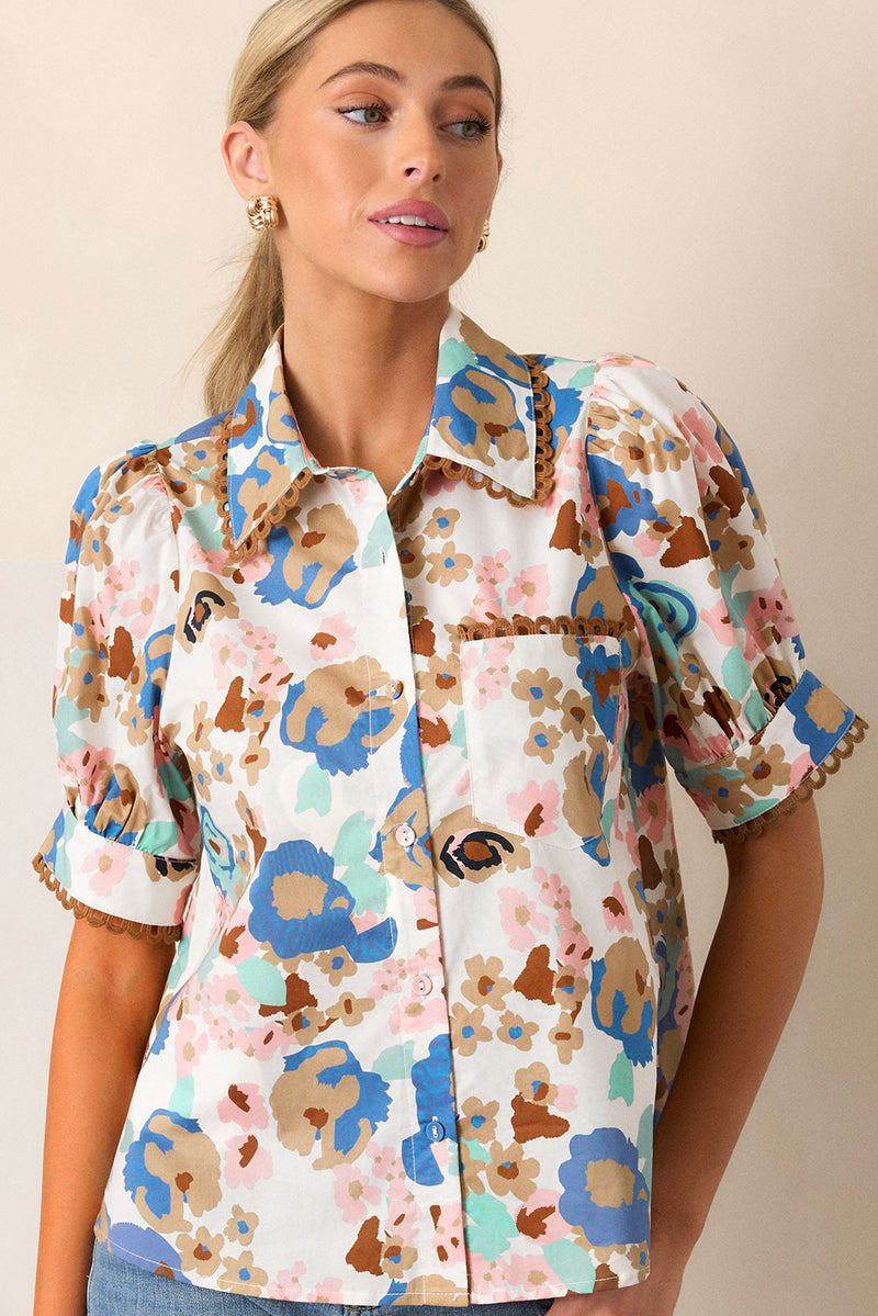 Floral Print Ricrac Trim Collared Puff Short Sleeve Shirt