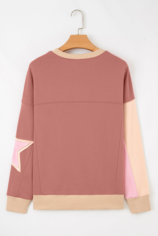Old Rose Contrast Star Patchwork Exposed Seam Uneven Hem Drop Shoulder Sweatshirt