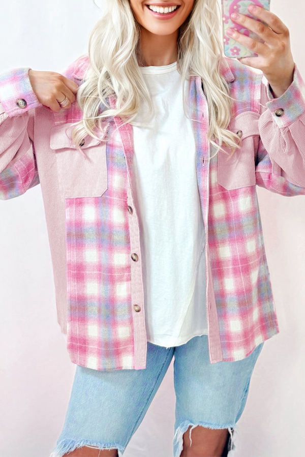 Brushed Plaid Corduroy Flap Pockets Patchwork Shacket