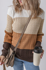 Colorblock Cable Knit Round Neck Sweater