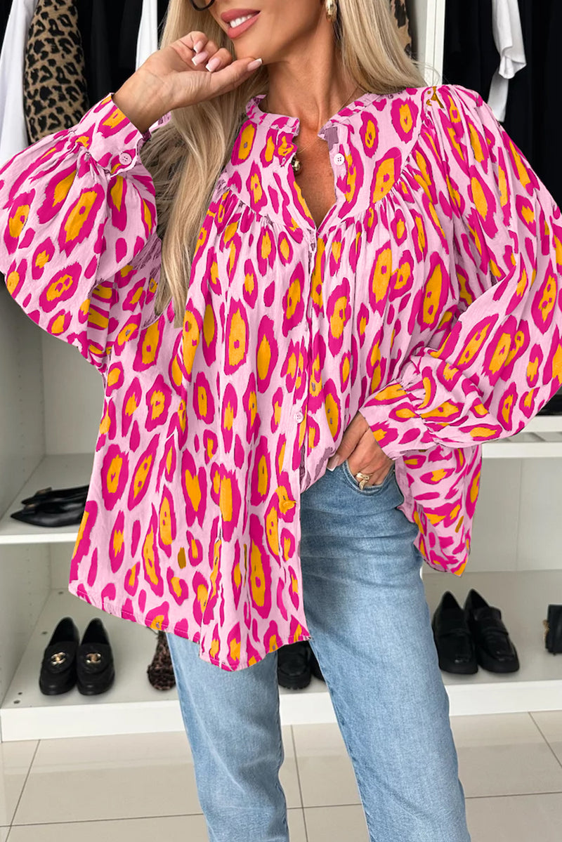 French Oversized Leopard Print Balloon Sleeve Casual Shirt