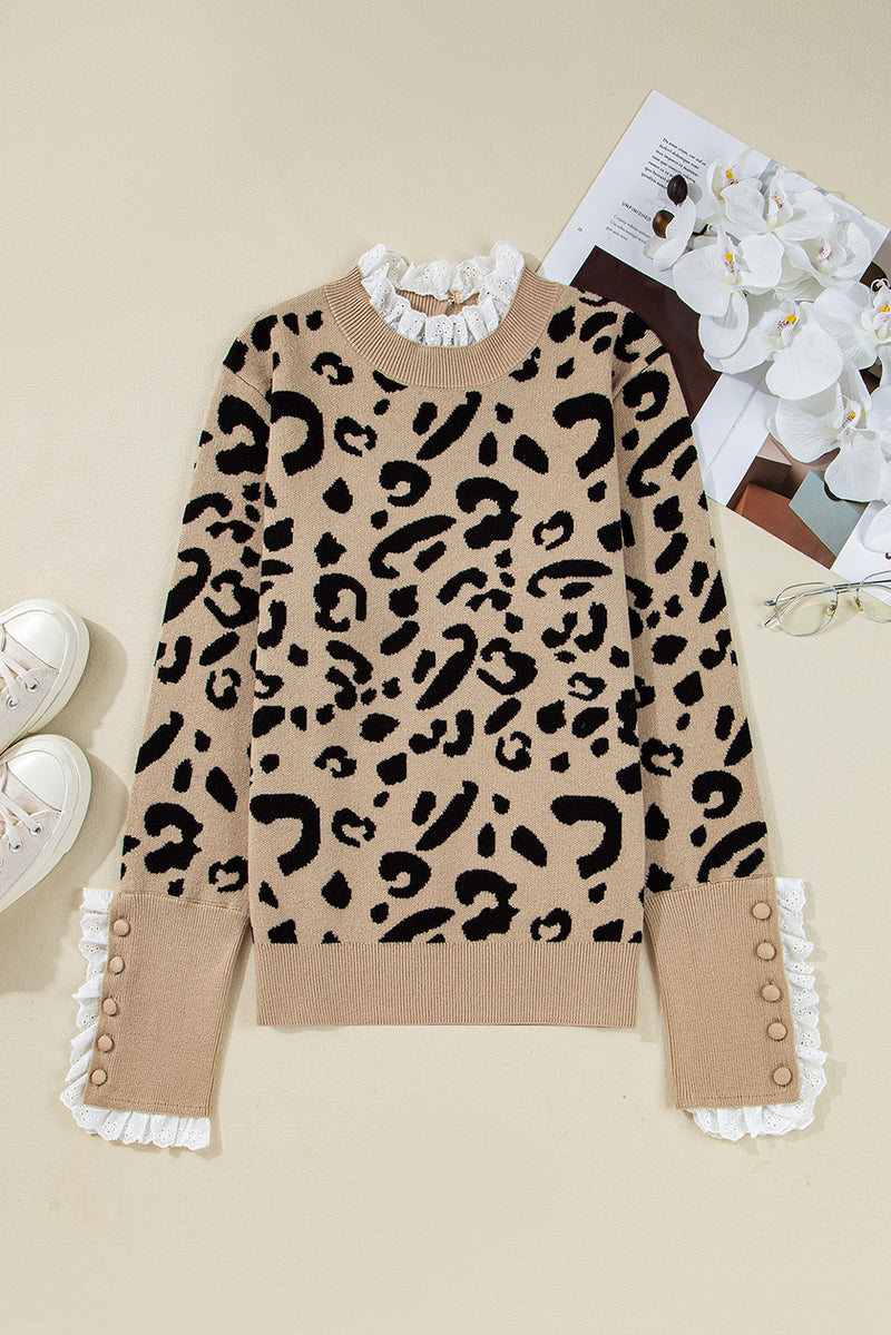 Leopard Pattern Lace Ribbed Detail Button Cuffed Sweater