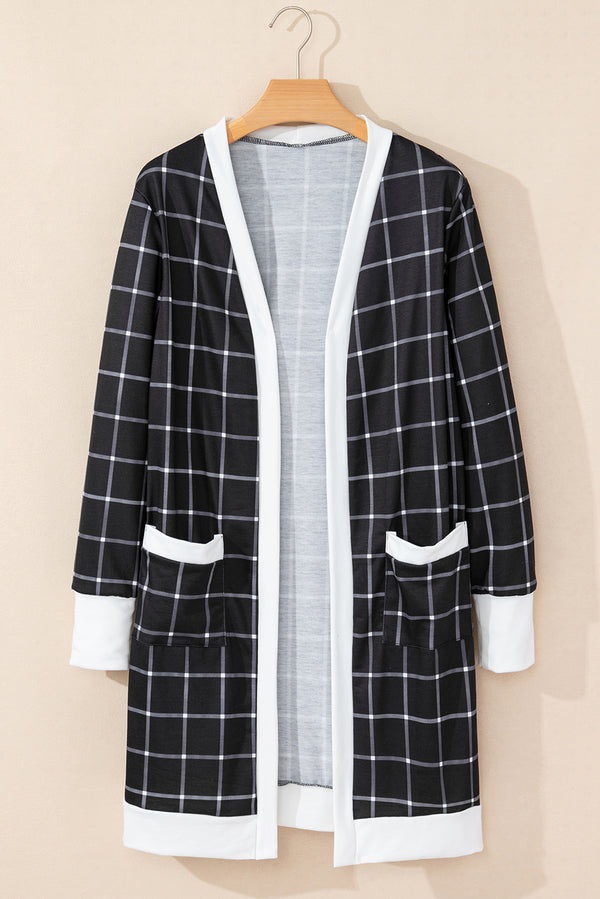 Plaid Colorblock Edge Open Cardigan with Pocket