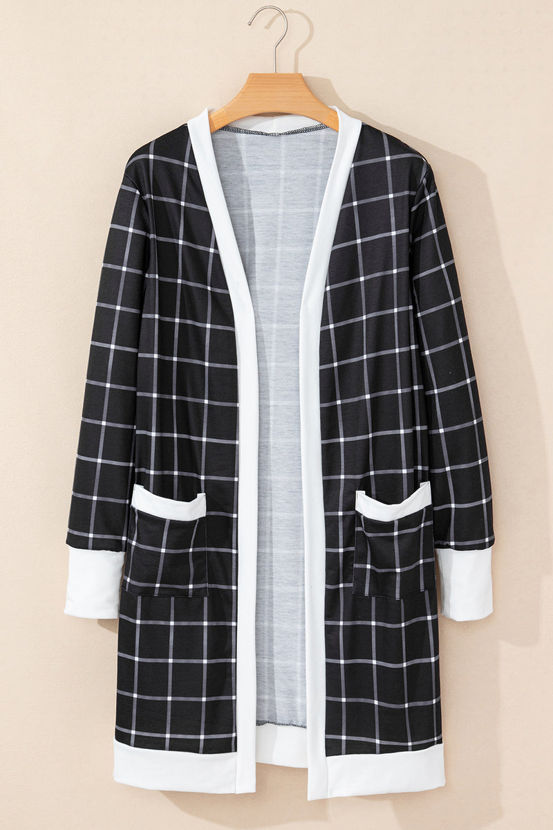 Plaid Colorblock Edge Open Cardigan with Pocket