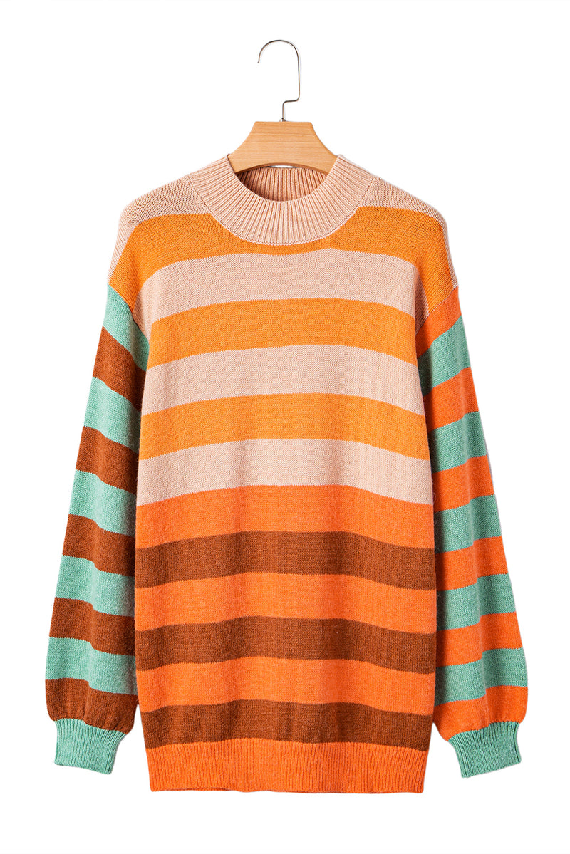 Stripe Color Block High Neck Drop Shoulder Cozy Sweater