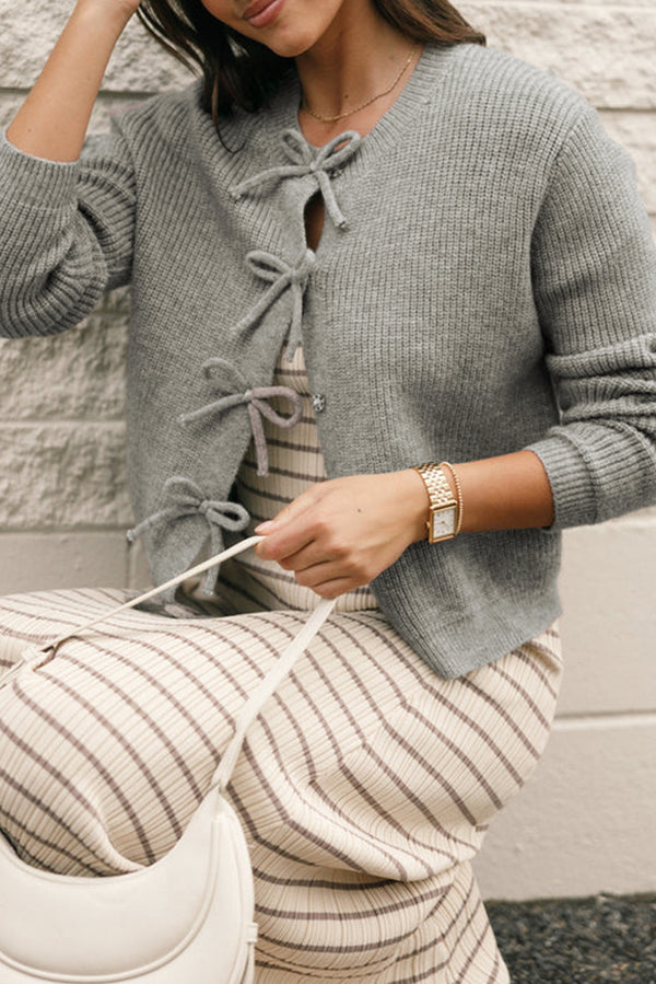 Solid Ribbed Knit Bow Front Buttoned Cardigan