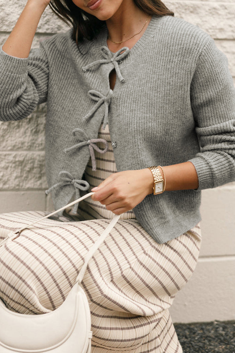 Solid Ribbed Knit Bow Front Buttoned Cardigan