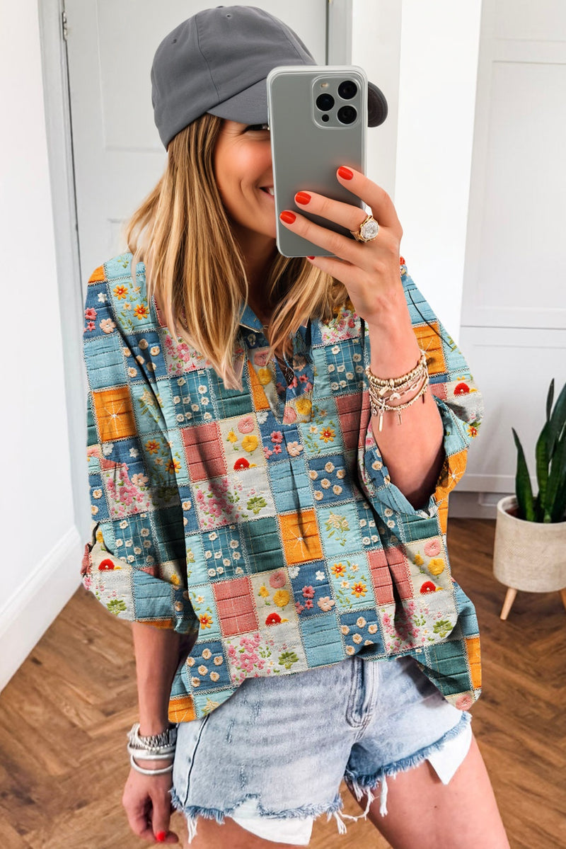 Multicolour Floral Collared V Neck Roll up Sleeve Shift Blouse