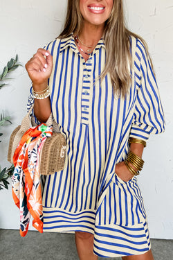 Stripe Collared Half Button Side Pockets Loose Fit Mini Dress