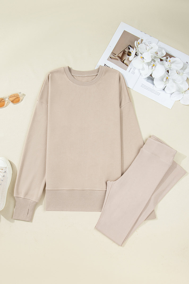 Beige Solid Color Oversize Slit Sweatshirt Ribbed Leggings 2pcs Set