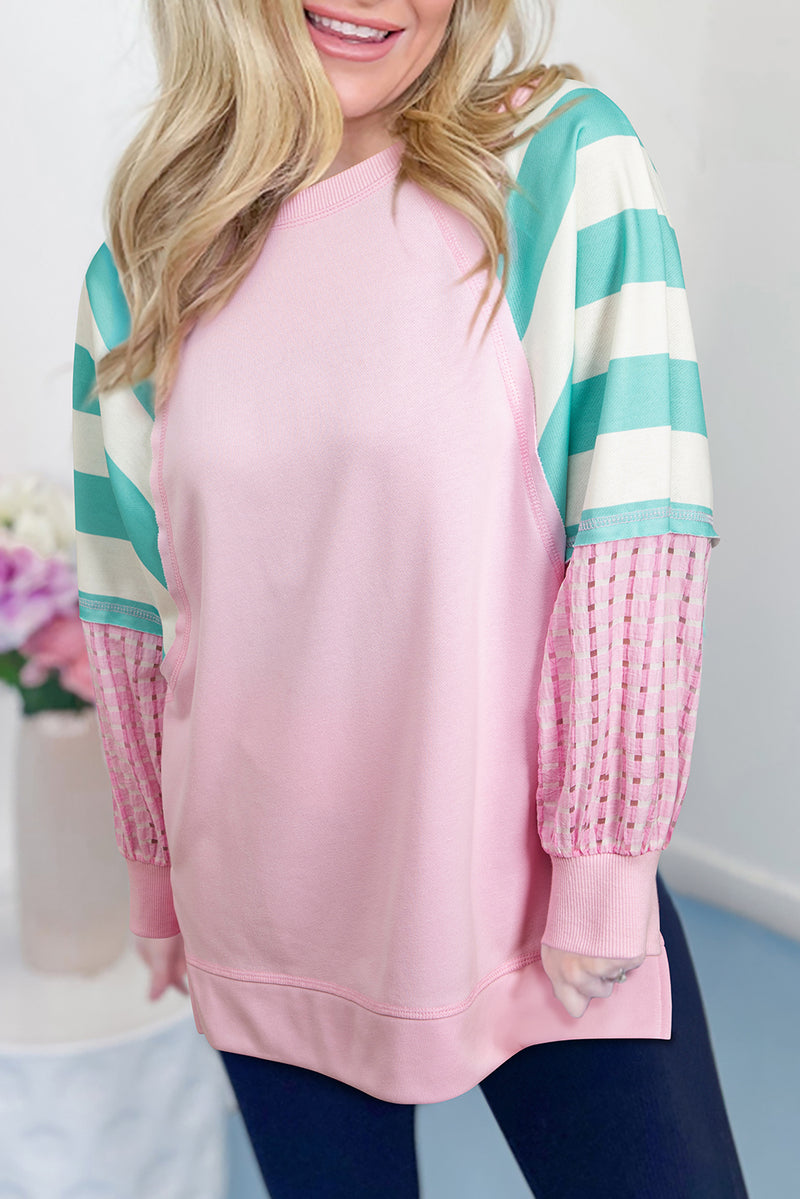 Striped Colorblock Patchwork Raglan Pullover Top with Slits