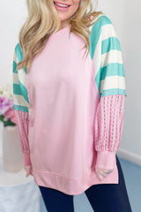 Striped Colorblock Patchwork Raglan Pullover Top with Slits