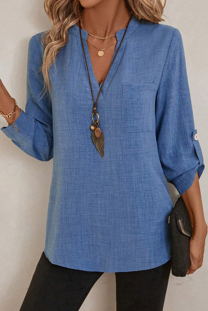 Blue Solid Color Notched V Neck Roll up 3/4 Sleeve Blouse