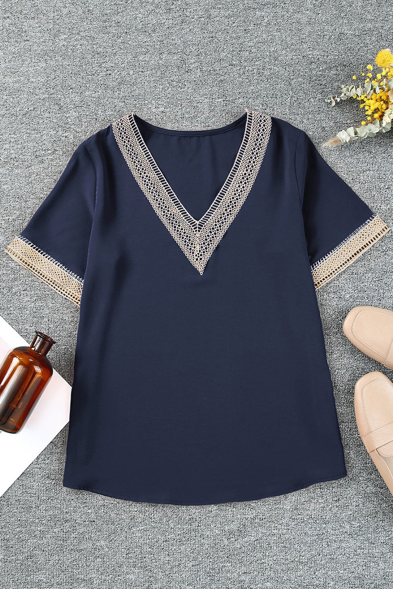 Lace Trim V Neck Short Sleeve Blouse