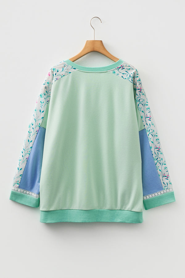 Green Color Block Floral Patchwork Long Sleeve Notched Neck Plus Size Top