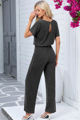 Ribbed Keyhole Short Sleeve Wide Leg Jumpsuit