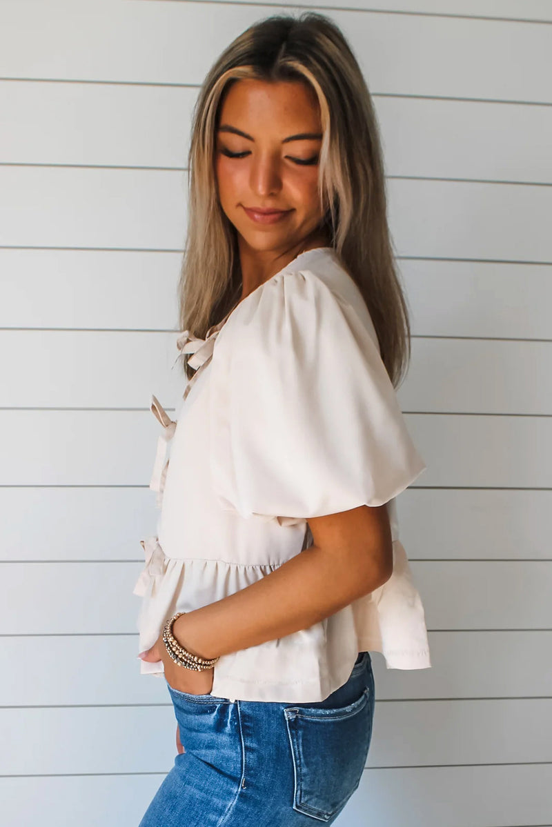 Bow Tie Short Puff Sleeve Ruffle Hem Blouse