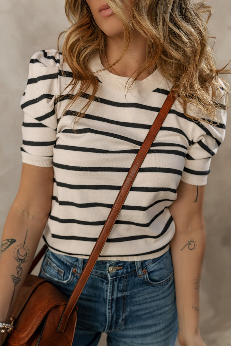 Stripe Ribbed Trim Round Neck Bubble Sleeve Knitted Top