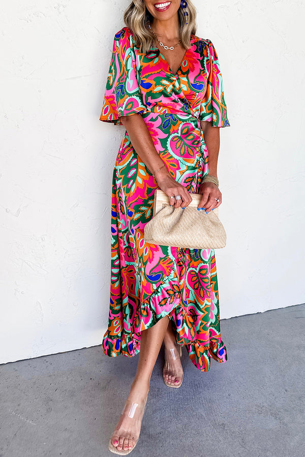 Summer Plant Print Surpliced V Neck Ruffled Asymmetric Slit Wide Short Sleeve Maxi Dress