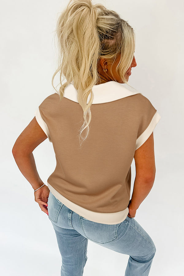 Simply Half Zipper Collared Colorblock Short Sleeve Top