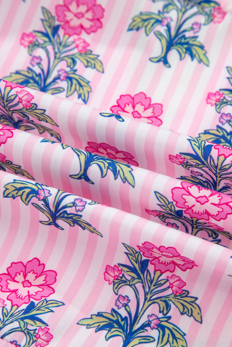 Floral Striped Print Contrast Patchwork Ruffle Hem Blouse