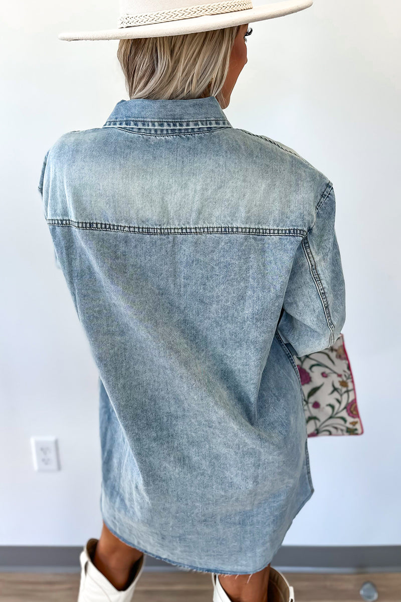 Chest Pocket Raw Hem Denim Loose Shirt Dress