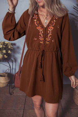 Floral Embroidered Tassel Tie Waist Long Sleeve Mini Dress
