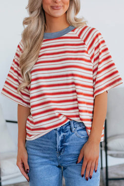 Stripe Print Contrast Collar Raglan Sleeve T Shirt
