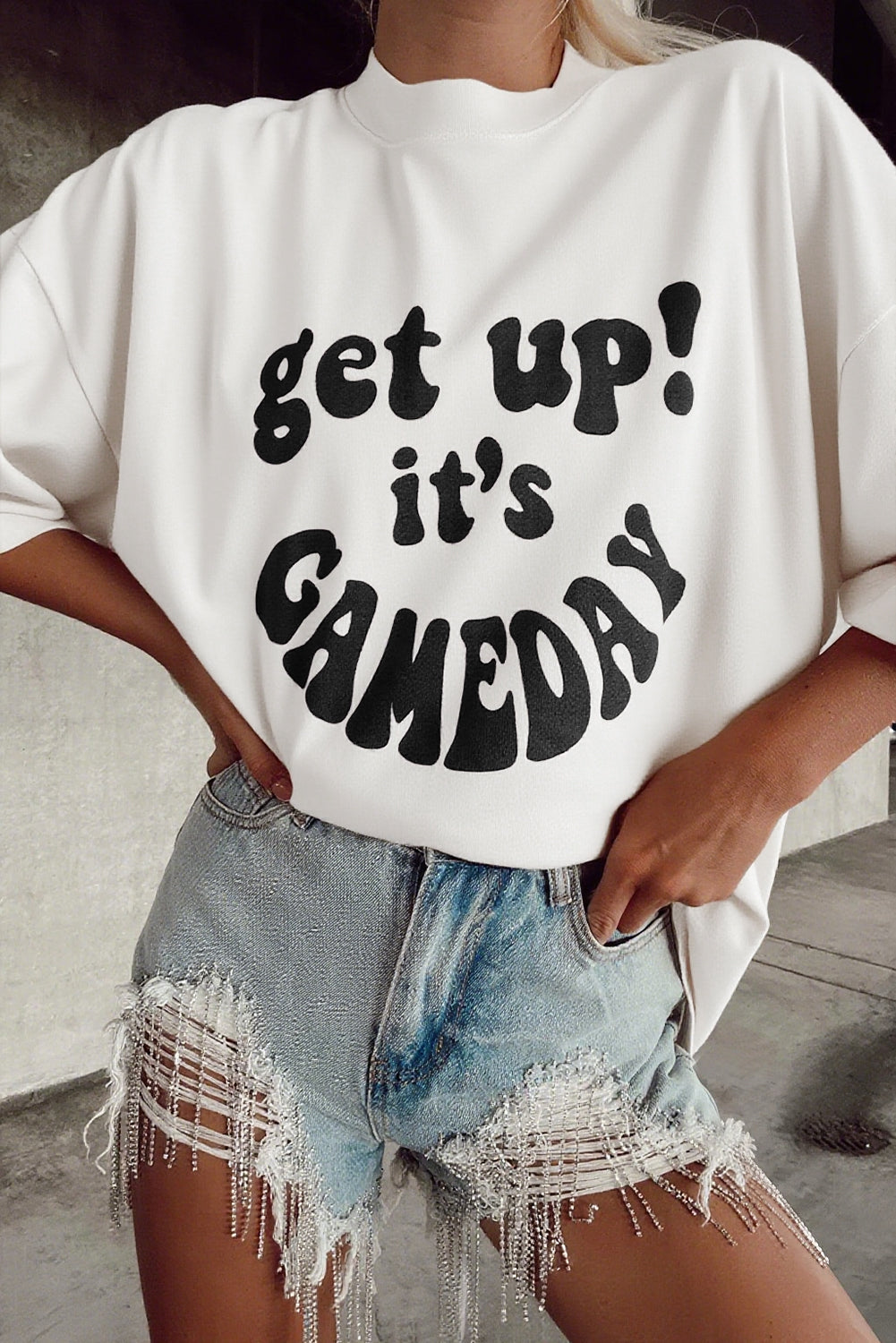 White GAME DAY Slogan Printed Half Sleeve Oversize T Shirt