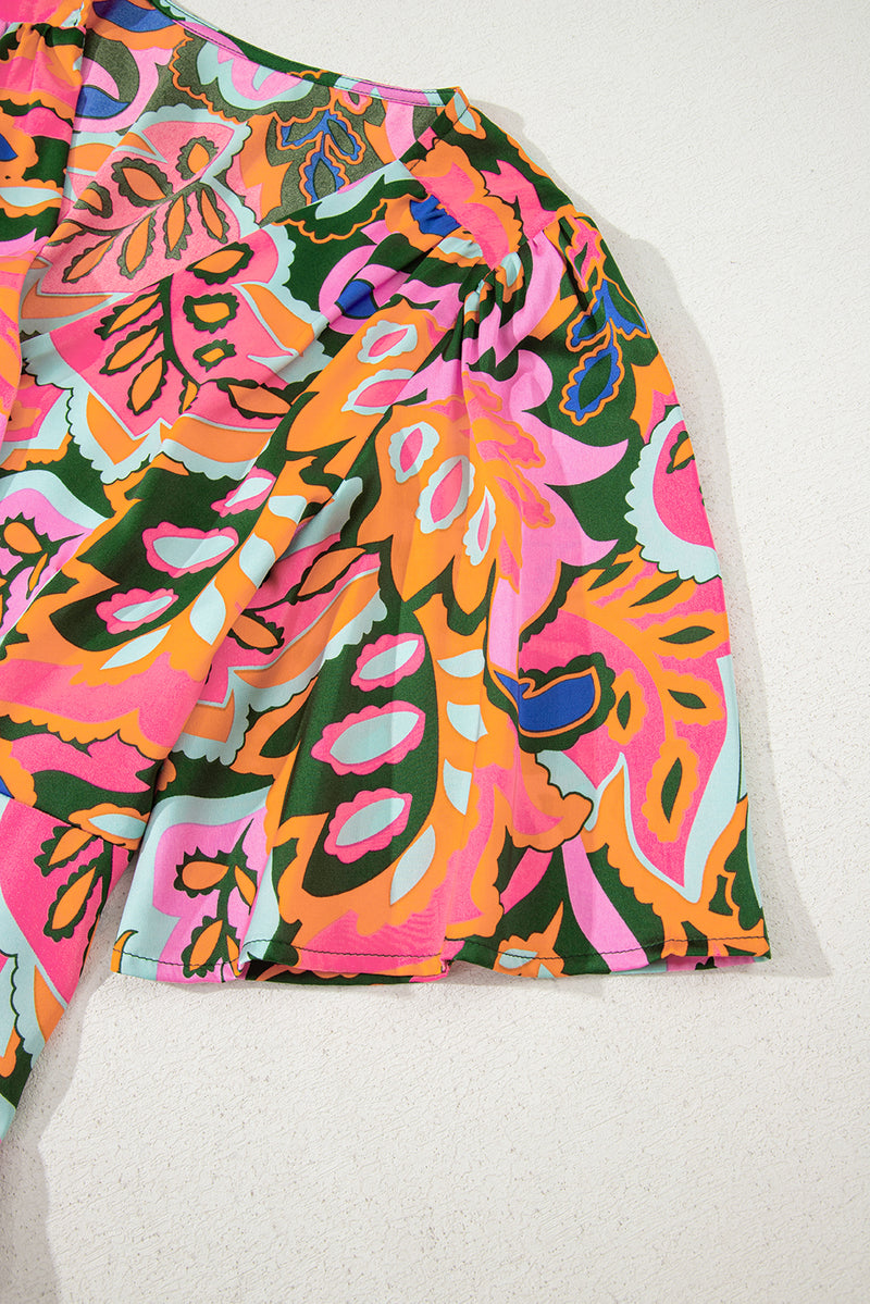 Summer Plant Print Surpliced V Neck Ruffled Asymmetric Slit Wide Short Sleeve Maxi Dress